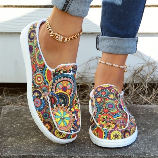 Women's Floral Print Canvas Shoes, Slip-on Round Toe Lightweight Casual Shoes, Women's Comfy Walking Flat Shoes