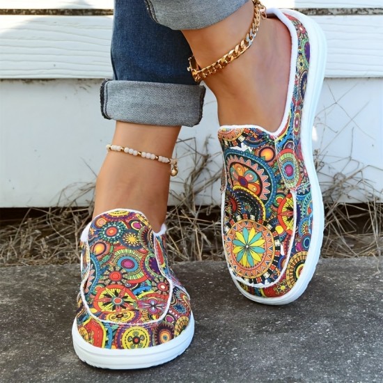 Women's Floral Print Canvas Shoes, Slip-on Round Toe Lightweight Casual Shoes, Women's Comfy Walking Flat Shoes