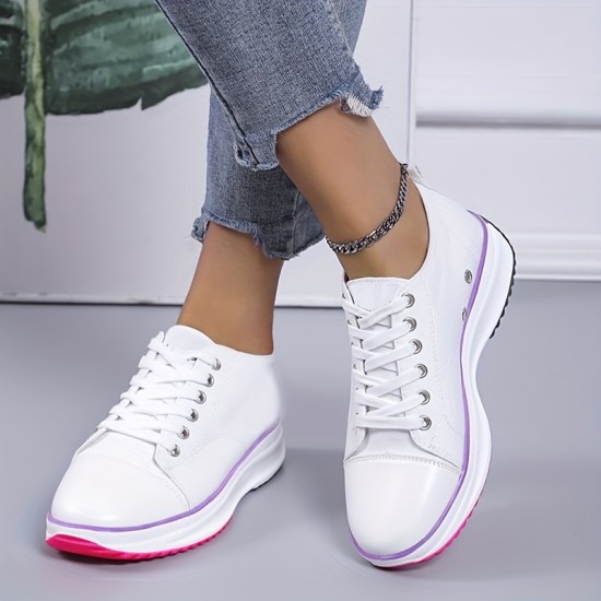 Women's Solid Color Casual Sneakers, Lace Up Platform Soft Sole Sporty Trainers, Breathable Low-top Skate Shoes