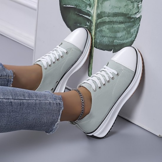 Women's Solid Color Casual Sneakers, Lace Up Platform Soft Sole Sporty Trainers, Breathable Low-top Skate Shoes