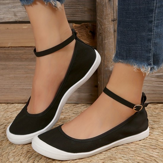 Women's Balck Canvas Shoes, Casual Buckle Strap Flat Shoes, Women's Daily Outdoor Shoes