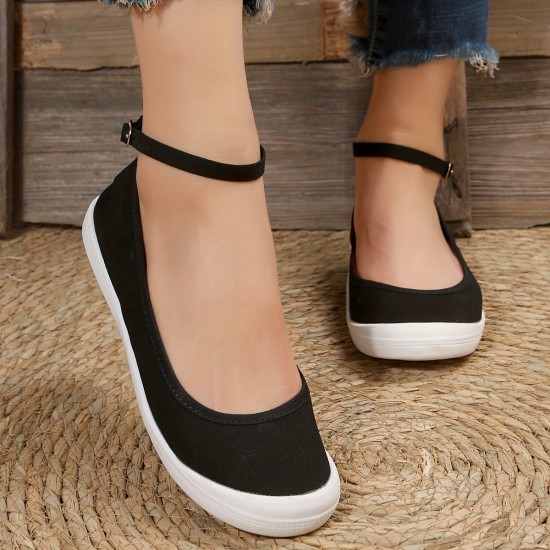 Women's Balck Canvas Shoes, Casual Buckle Strap Flat Shoes, Women's Daily Outdoor Shoes