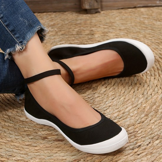 Women's Balck Canvas Shoes, Casual Buckle Strap Flat Shoes, Women's Daily Outdoor Shoes