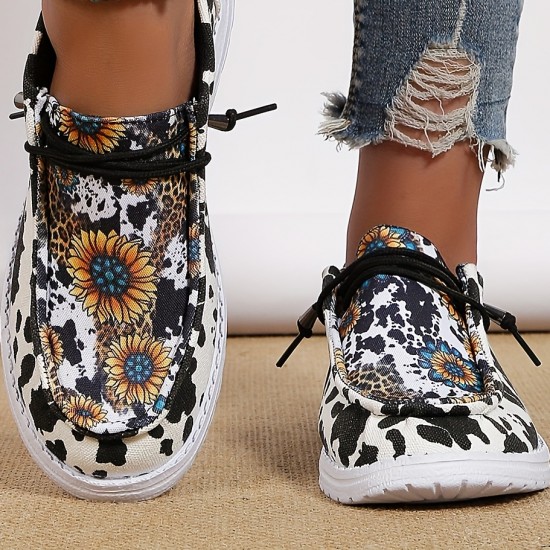 Women's Sunflower Print Canvas Shoes, Lightweight Low Top Lace Up Shoes, Women's Fashion Walking Shoes