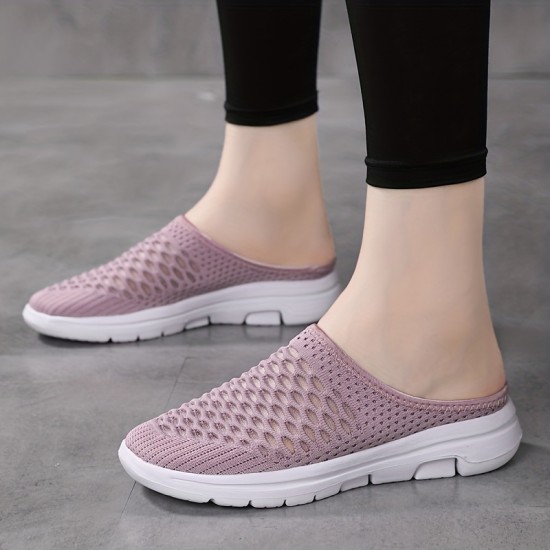 Women's Breathable Mesh Mules, Casual Slip On Knitted Flats, Lightweight & Comfortable Shoes