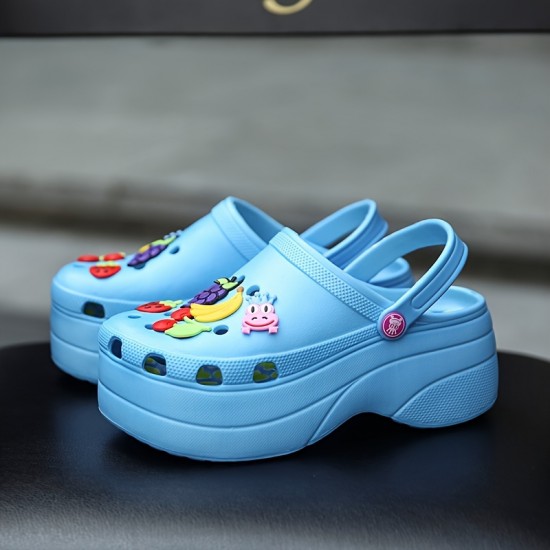 Women's Trendy Platform Clogs, Cute Cartoon Decor Hollow Out Slide Sandals, Fashion Outdoor Beach Garden Shoes