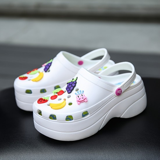 Women's Trendy Platform Clogs, Cute Cartoon Decor Hollow Out Slide Sandals, Fashion Outdoor Beach Garden Shoes