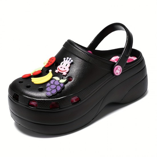 Women's Trendy Platform Clogs, Cute Cartoon Decor Hollow Out Slide Sandals, Fashion Outdoor Beach Garden Shoes