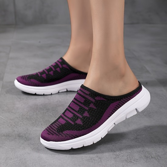 Women's Breathable Knit Mule Sneakers, Casual Slip On Outdoor Shoes, Lightweight & Comfortable Shoes