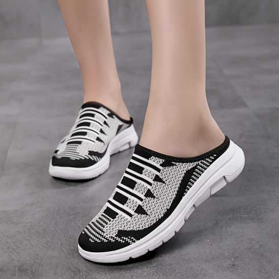 Women's Breathable Knit Mule Sneakers, Casual Slip On Outdoor Shoes, Lightweight & Comfortable Shoes