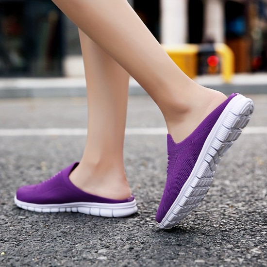 Women's Knit Flat Mules, Comfy Solid Color Closed Toe Non Slip Slides Shoes, Casual Outdoor Slippers