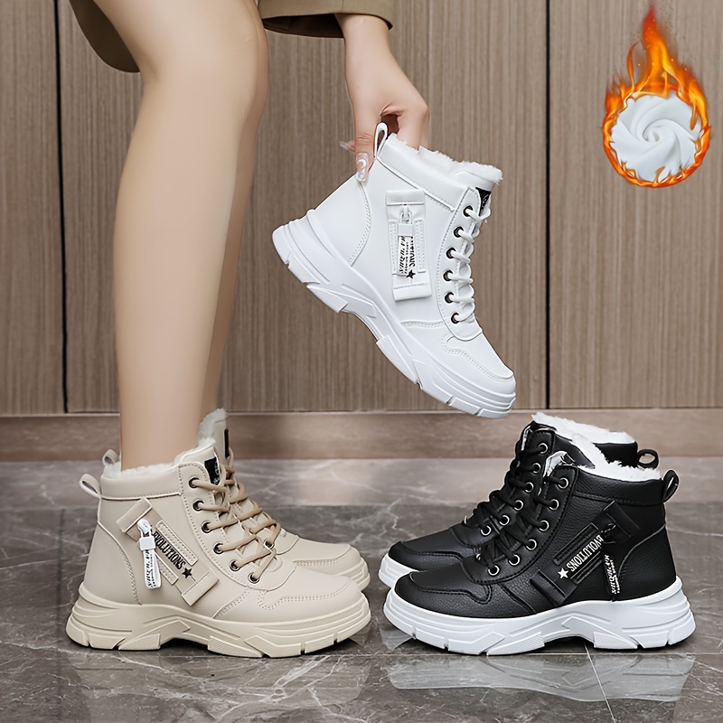 womens platform high top sneakers casual lace up plush lined shoes comfortable winter outdoor shoes details 2