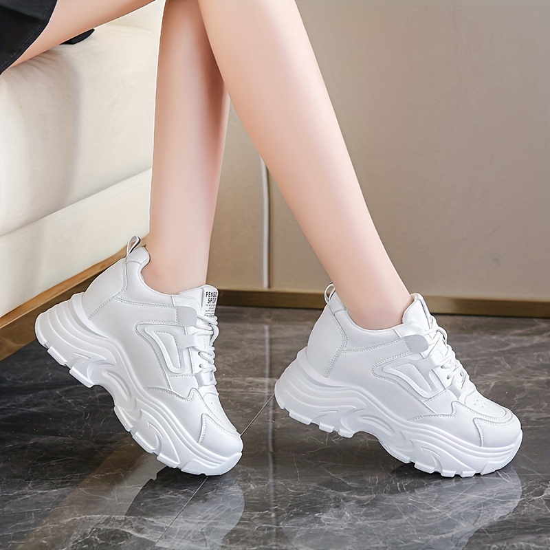 womens fashion heightening sneakers causal faux leather solid color lace up shoes versatile breathable shoes details 6