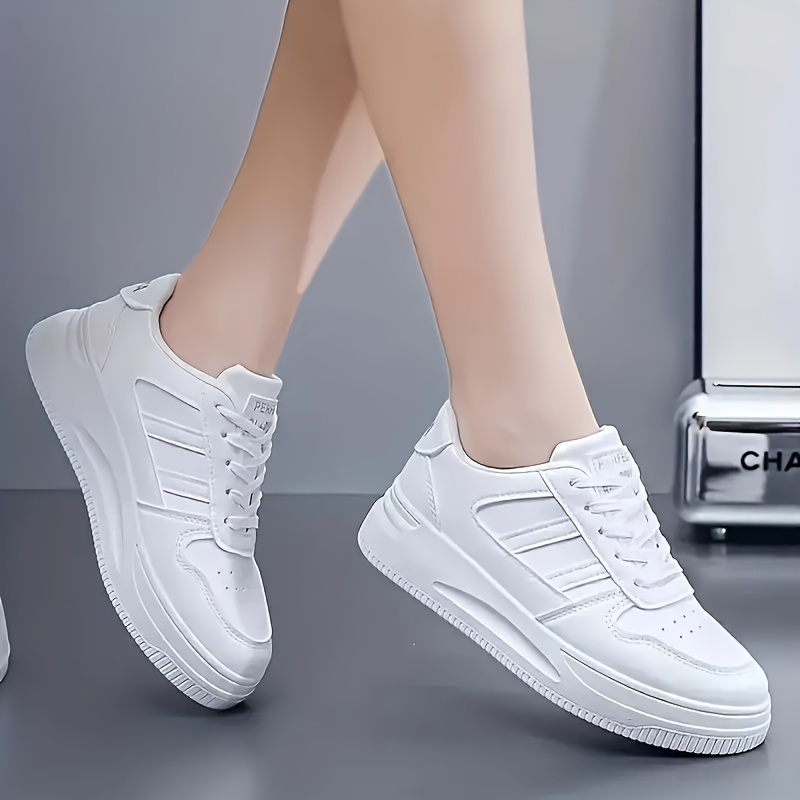 womens solid color casual sneakers lace up comfy platform white shoes lightweight low top sporty trainers details 1