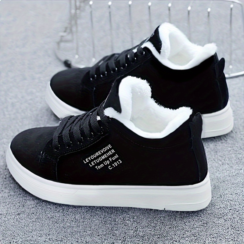 womens letter print sneakers casual lace up plush lined shoes comfortable winter shoes details 0