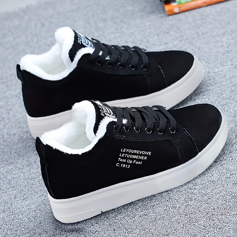 womens letter print sneakers casual lace up plush lined shoes comfortable winter shoes details 1