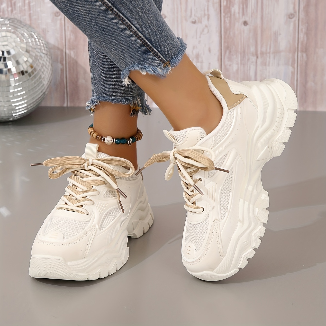 womens platform mesh sneakers lace up low top round toe heightening outdoor shoes versatile comfy sporty shoes details 0