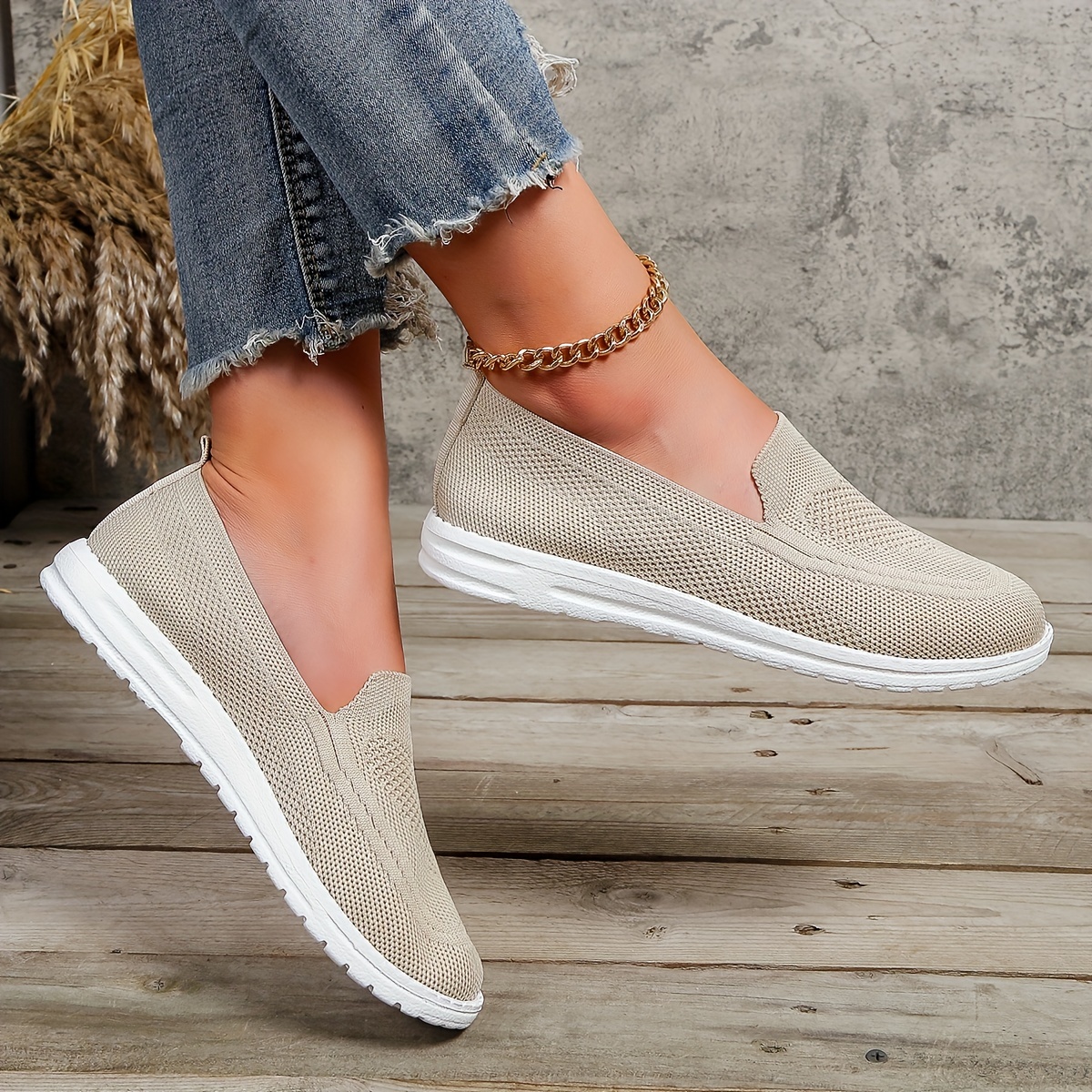 womens solid color sneakers slip on round toe non slip low top knit breathable shoes casual outdoor sporty shoes details 1