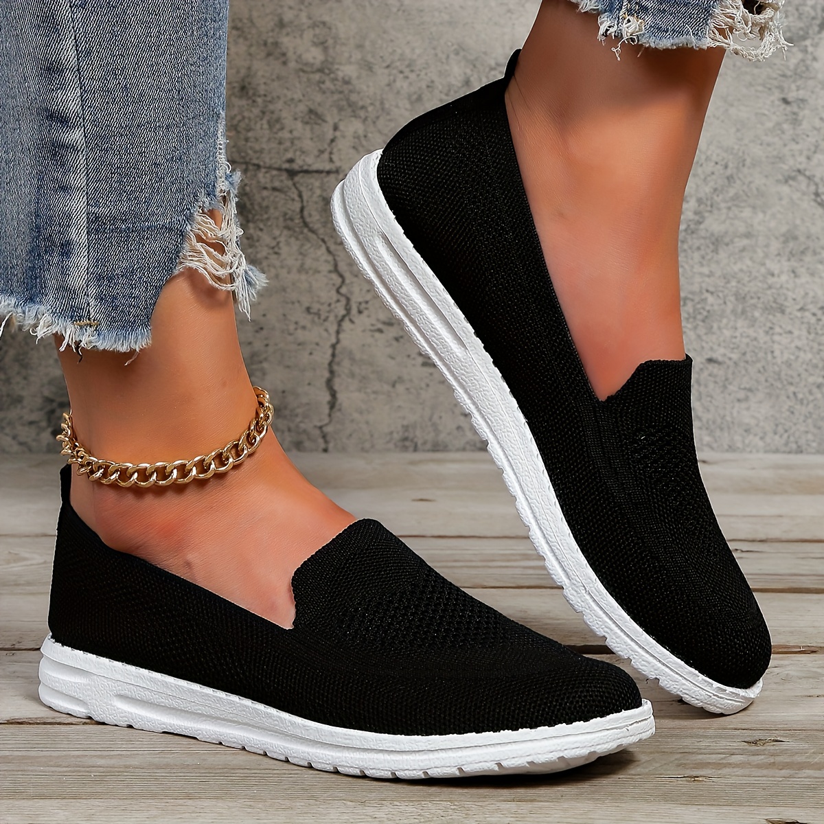 womens solid color sneakers slip on round toe non slip low top knit breathable shoes casual outdoor sporty shoes details 2