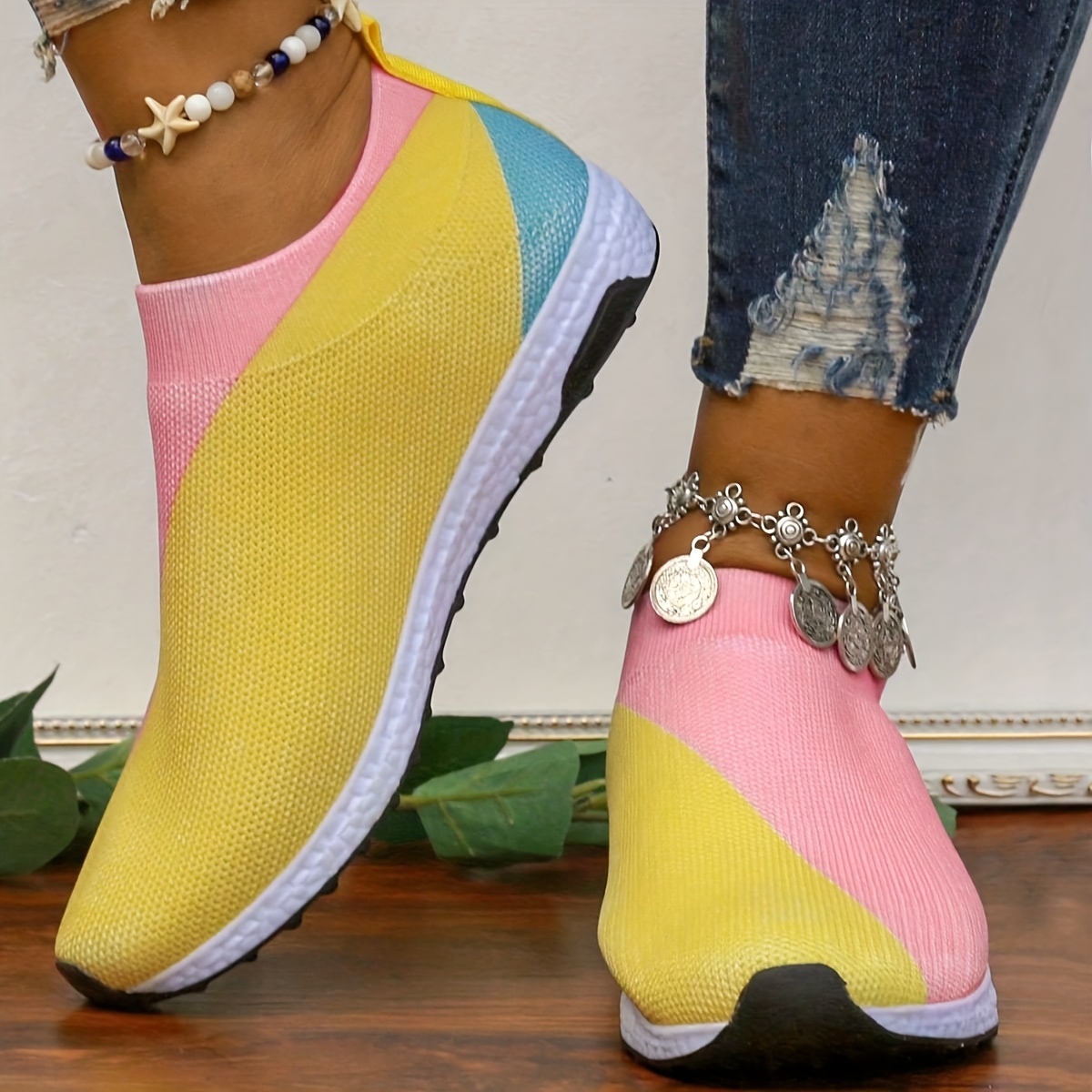 womens colorbloack sock shoes breathable knit slip on low top walking sneakers casual outdoor trainers details 2