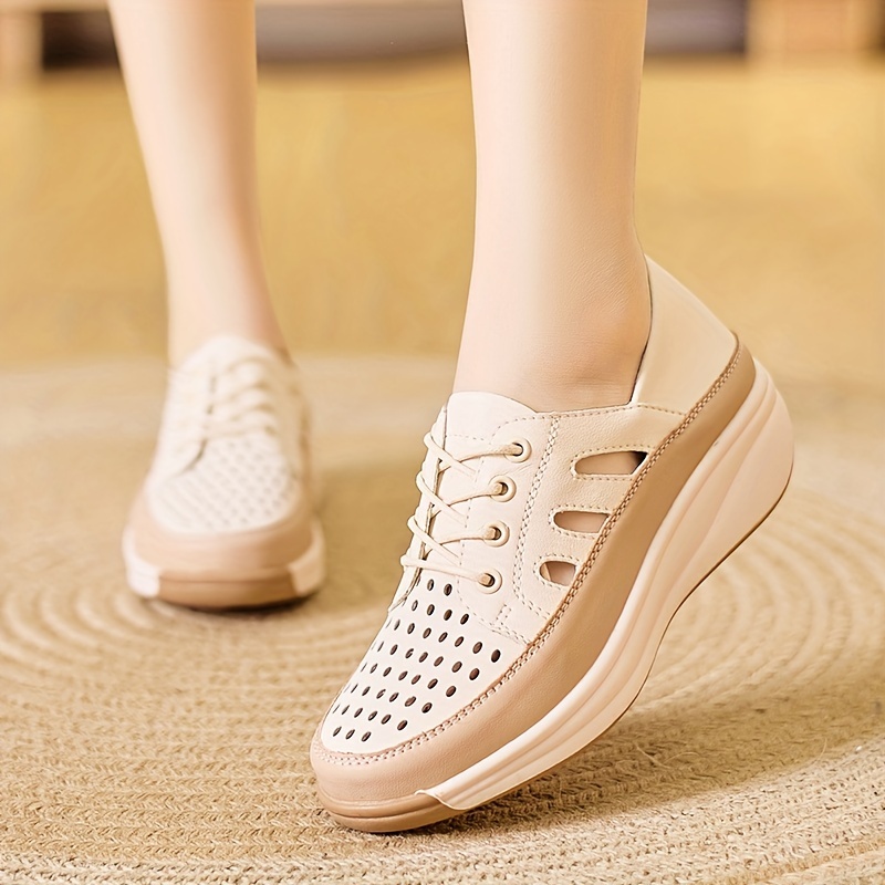 womens hollow out design platform sneakers casual lace up outdoor shoes comfortable low top shoes details 0