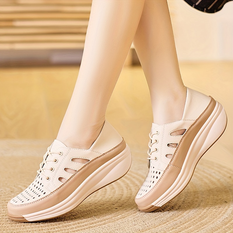 womens hollow out design platform sneakers casual lace up outdoor shoes comfortable low top shoes details 1