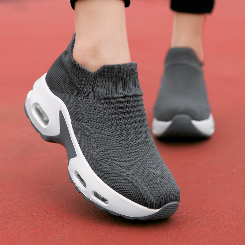 womens air cushion sock sneakers chunky heel breathable slip on sports shoes casual low top walking shoes details 3