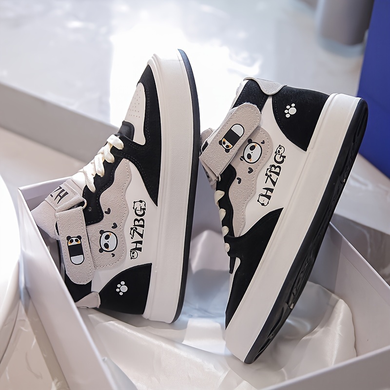 letter print sneakers, womens cartoon panda letter print sneakers lace up soft sole platform skate shoes high top non slip walking shoes details 1