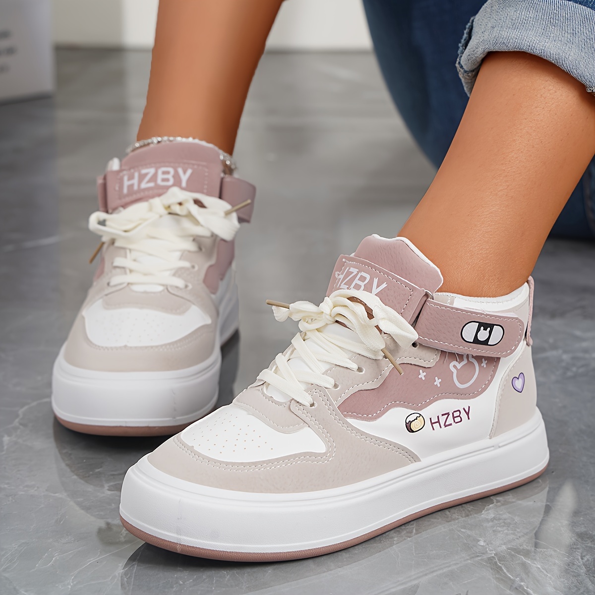 letter print sneakers, womens cartoon panda letter print sneakers lace up soft sole platform skate shoes high top non slip walking shoes details 6