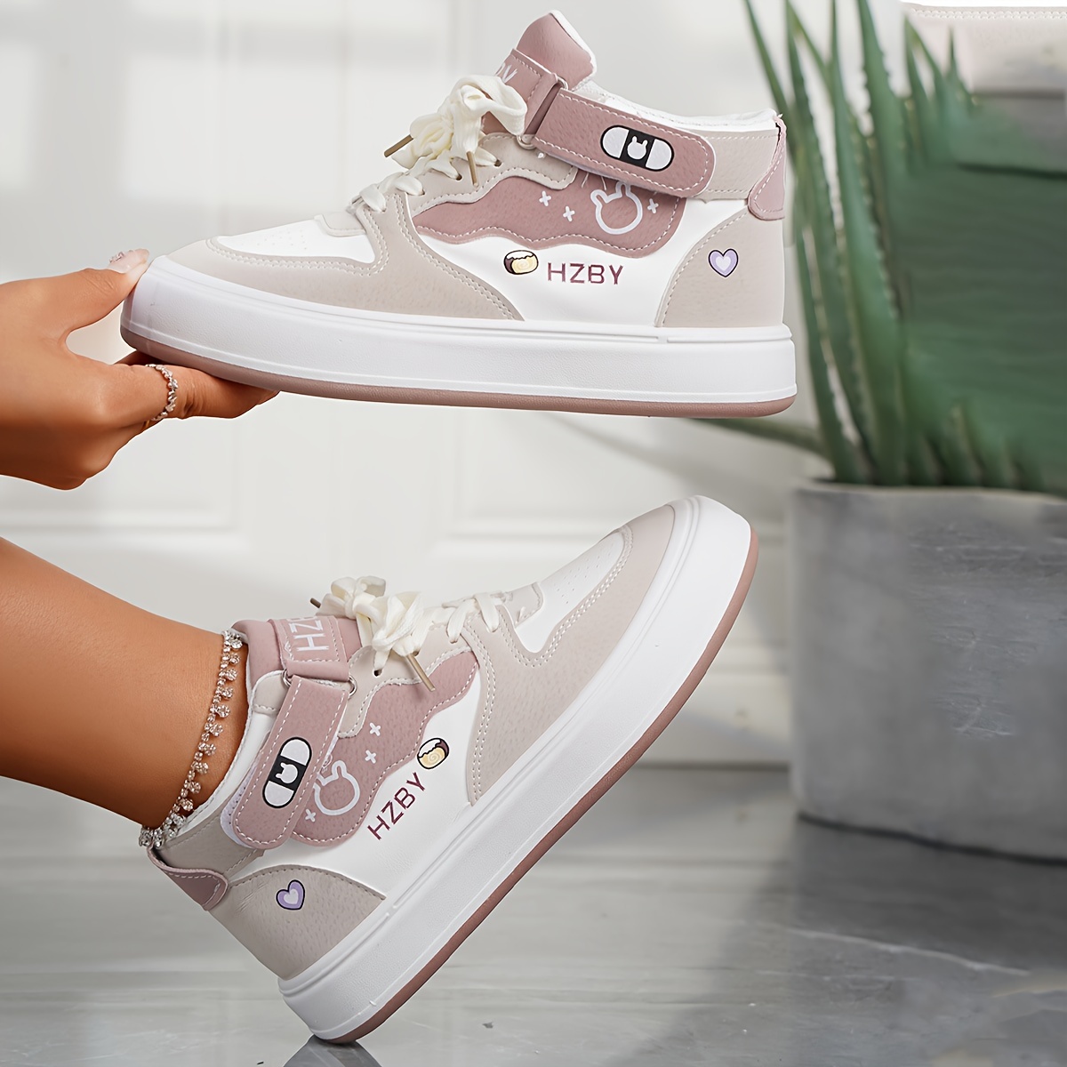 letter print sneakers, womens cartoon panda letter print sneakers lace up soft sole platform skate shoes high top non slip walking shoes details 7