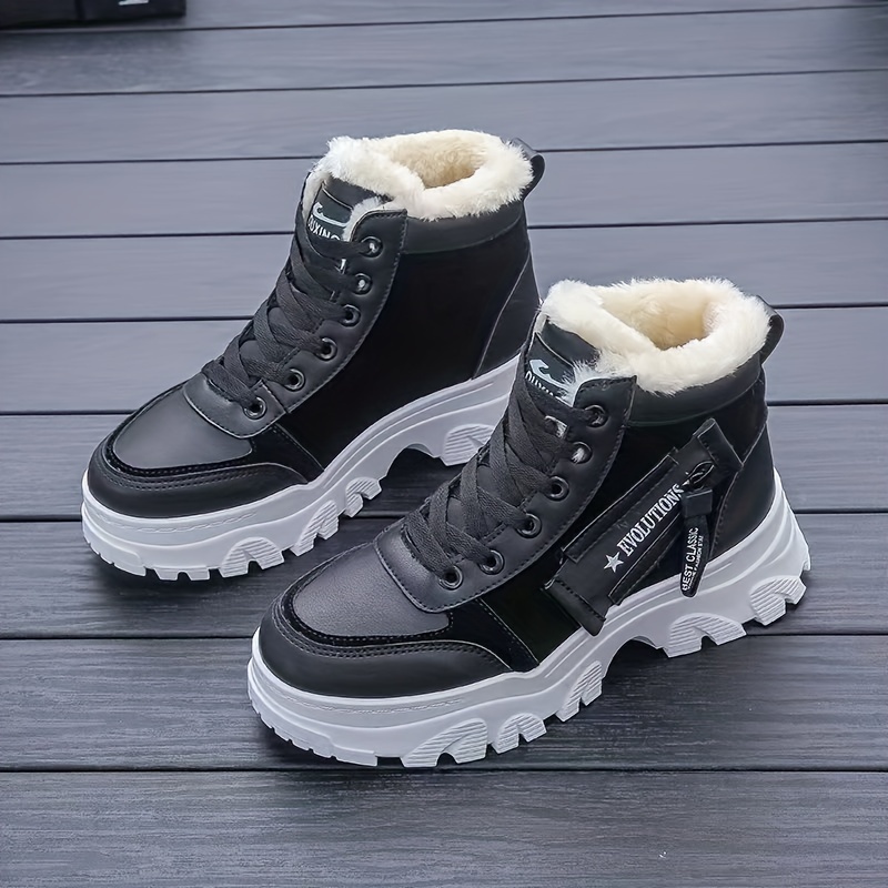 womens plush lined winter sneakers thermal lace up high top snow boots keep warm platform ankle boots details 4