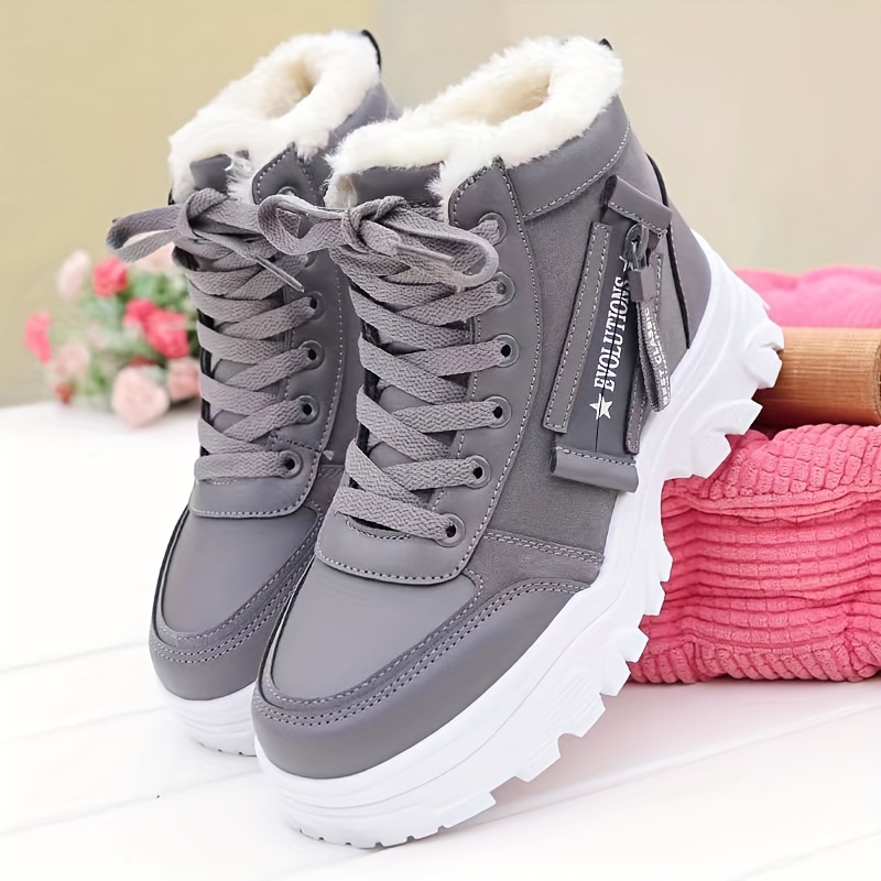 womens plush lined winter sneakers thermal lace up high top snow boots keep warm platform ankle boots details 8