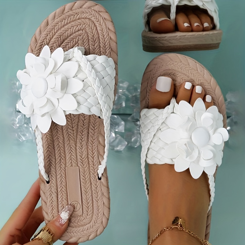 womens flower flat flip flops boho style braided band open toe shoes casual non slip slides details 0