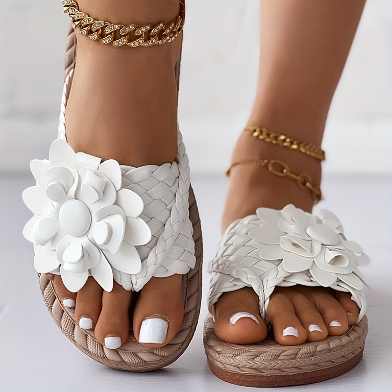 womens flower flat flip flops boho style braided band open toe shoes casual non slip slides details 3