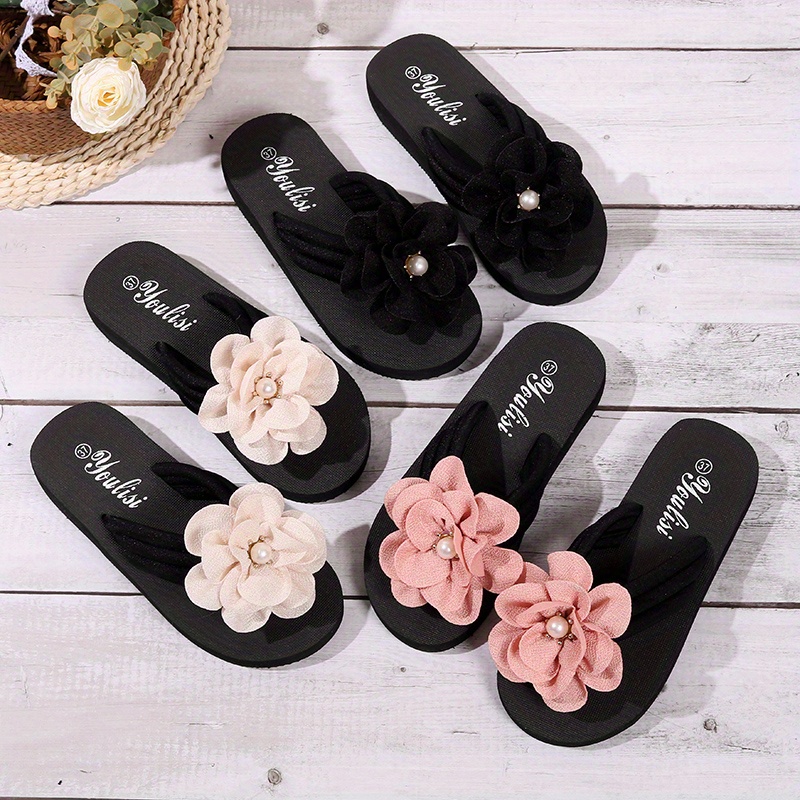 womens flower decor flip flops casual clip toe slide sandals fashion comfortable beach shoes details 6