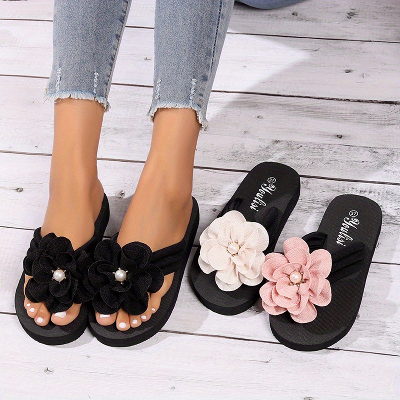 womens flower decor flip flops casual clip toe slide sandals fashion comfortable beach shoes details 8