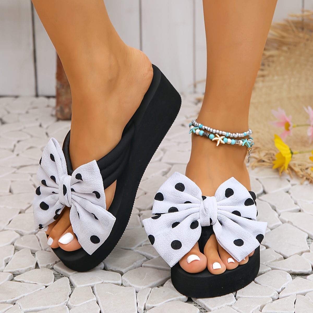 womens polka dot print bowknot flip flops slip on platform comfy summer slides vacation beach non slip wedge slides details 1