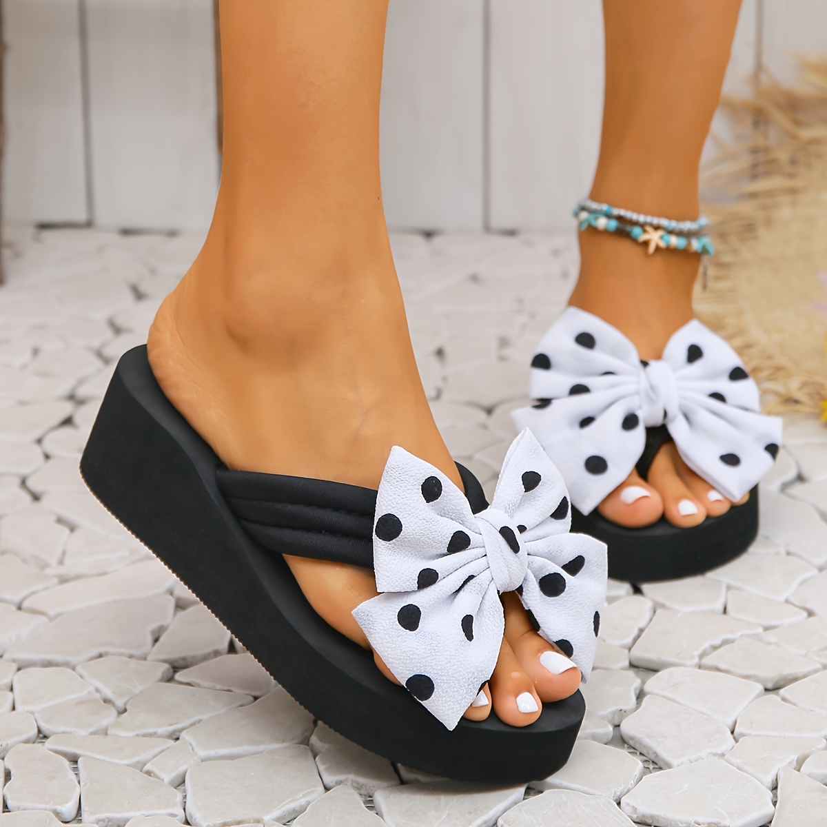 womens polka dot print bowknot flip flops slip on platform comfy summer slides vacation beach non slip wedge slides details 6