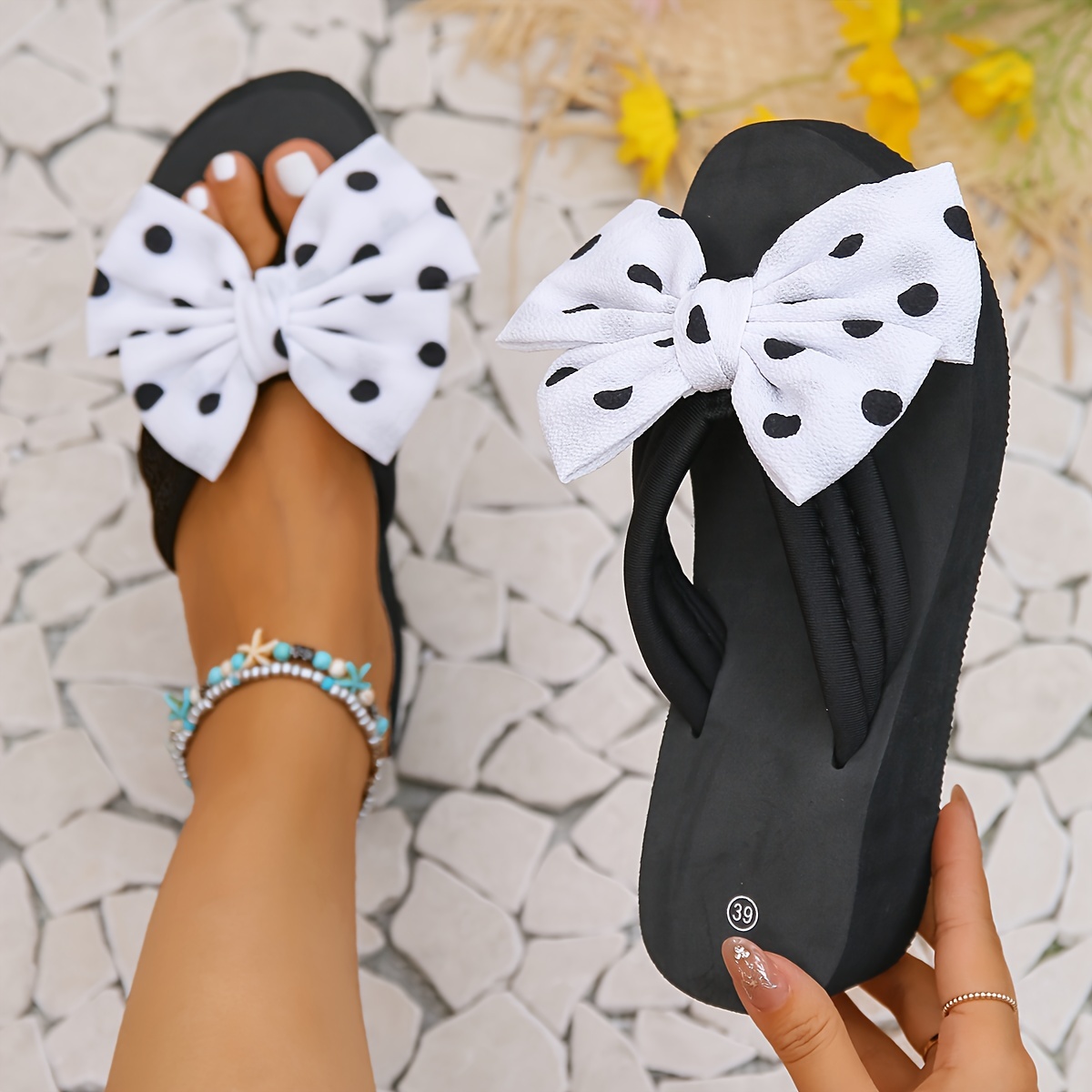 womens polka dot print bowknot flip flops slip on platform comfy summer slides vacation beach non slip wedge slides details 7