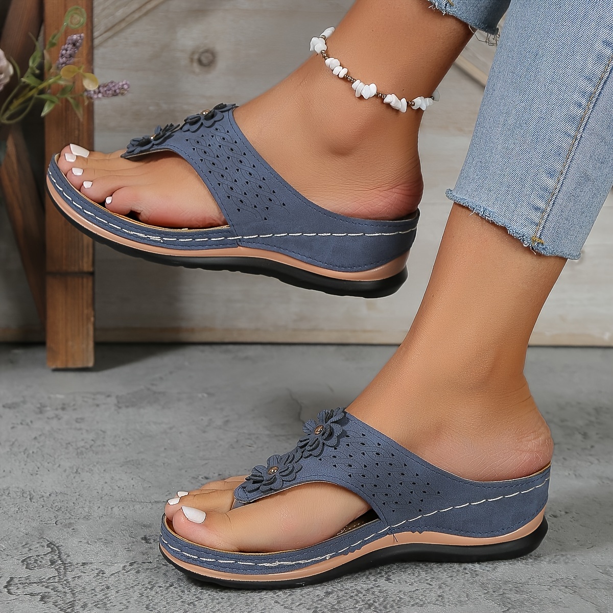 womens flower decor wedge sandals casual clip toe platform shoes comfortable summer sandals details 1