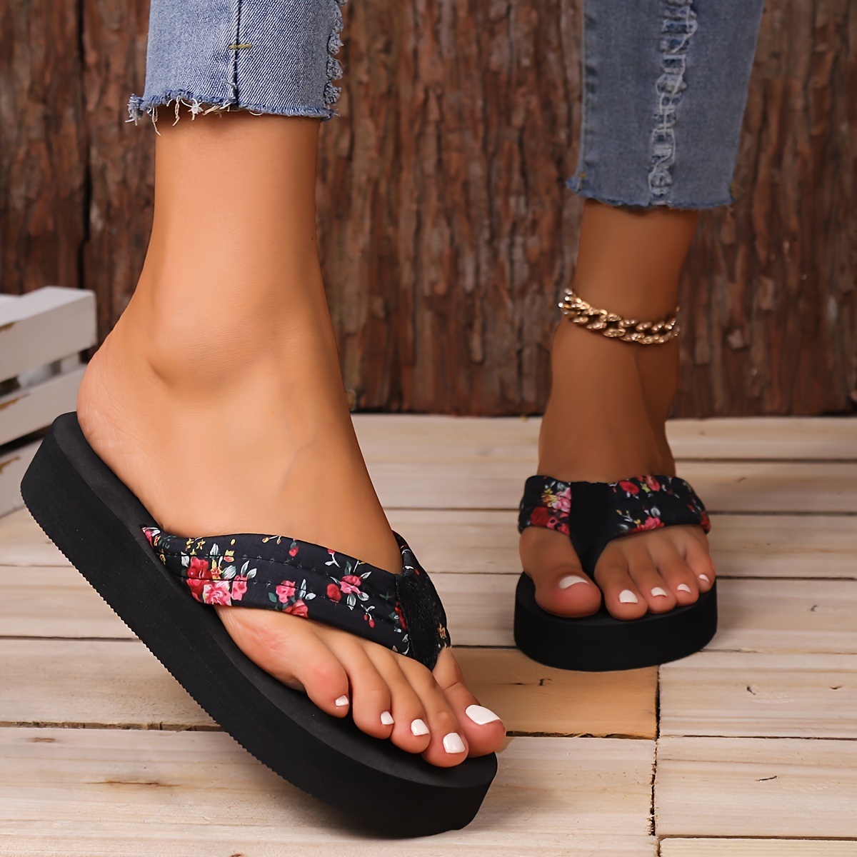 slip on comfy platform soft sole slides, womens floral pattern flip flops slip on comfy platform soft sole slides vacation summer beach slides details 3