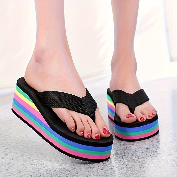 womens wedge flip flops rainbow sole slip on platform slide shoes casual lightweight summer beach shoes details 1