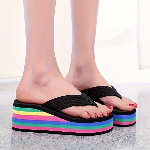 womens wedge flip flops rainbow sole slip on platform slide shoes casual lightweight summer beach shoes details 2