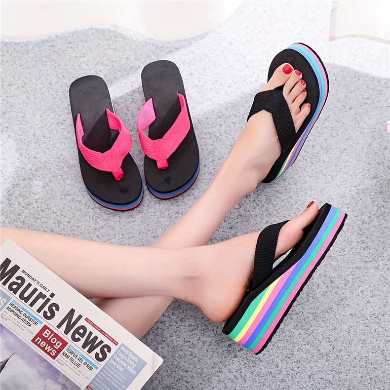 womens wedge flip flops rainbow sole slip on platform slide shoes casual lightweight summer beach shoes details 4