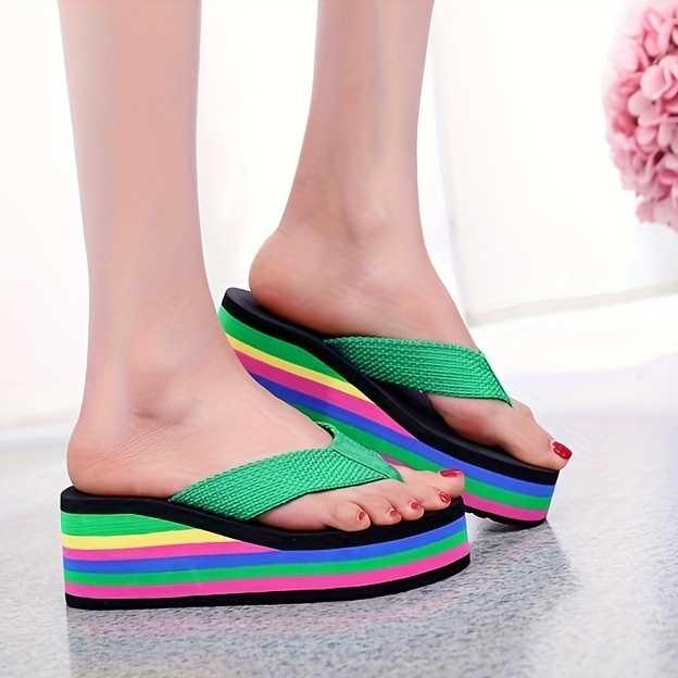 womens wedge flip flops rainbow sole slip on platform slide shoes casual lightweight summer beach shoes details 7