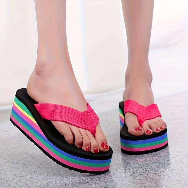 womens wedge flip flops rainbow sole slip on platform slide shoes casual lightweight summer beach shoes details 11