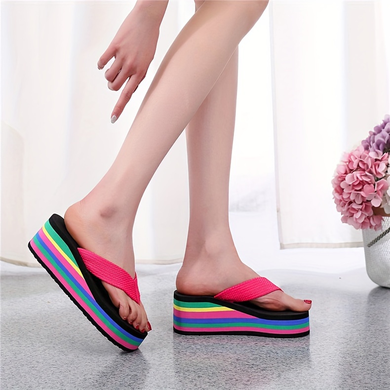 womens wedge flip flops rainbow sole slip on platform slide shoes casual lightweight summer beach shoes details 13