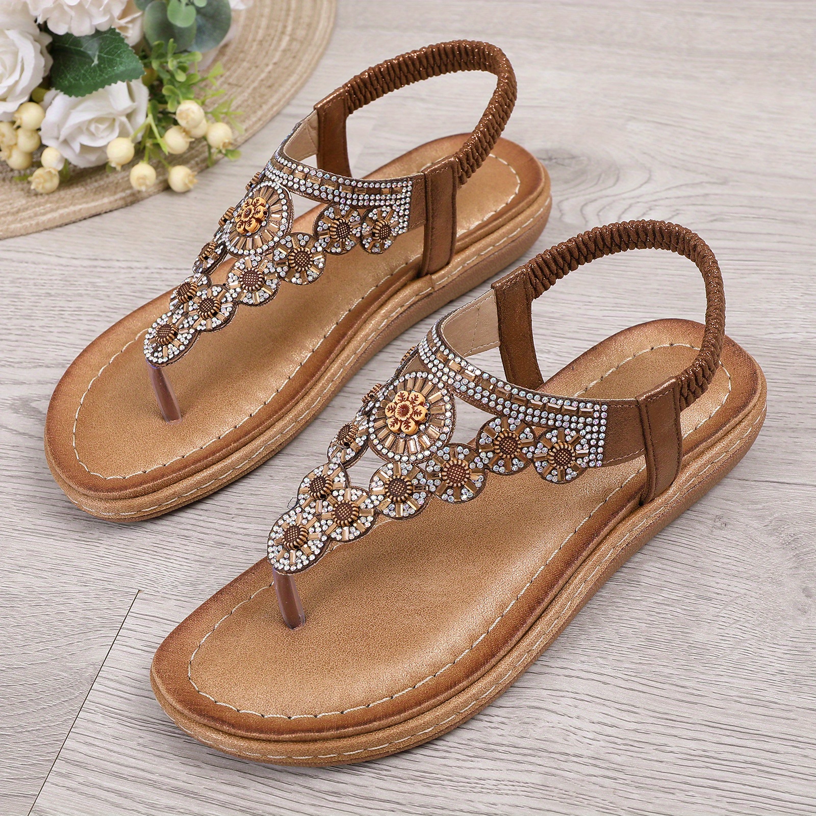 womens boho stile thong sandals rhinestone decor elastic strap slip on shoes summer vacation beach sandals details 3