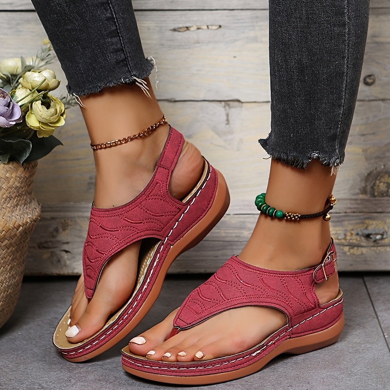 womens thone wedge sandals solid color ankle buckle strap slingback open toe shoes casual retro shoes details 8