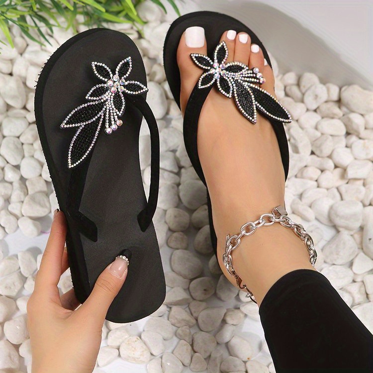 womens rhinestone foral decor sandals slip on non slip outdoor wedge flip flops vacation beach slides shoes details 11